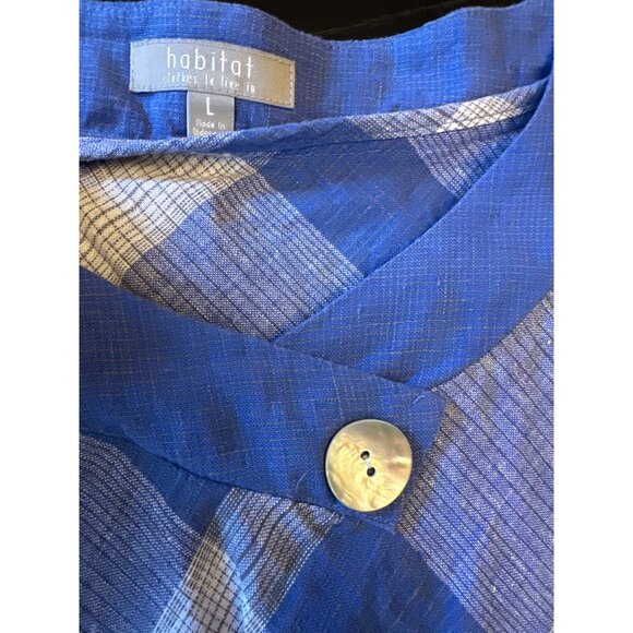Habitat Blue Plaid Linen-Cotton Shirt Large Button Front Lightweight Lagenlook - Picture 2 of 5